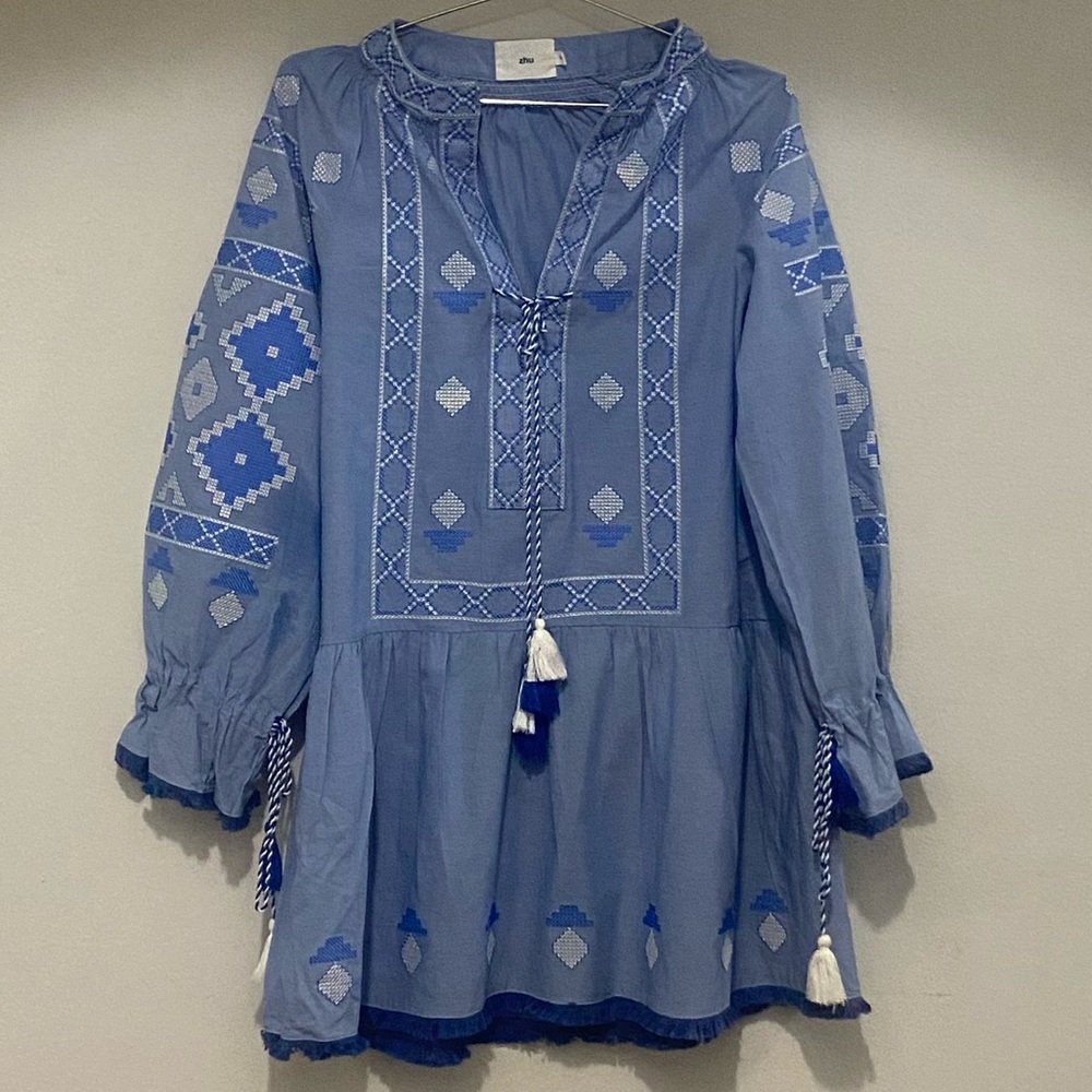 Zhu light blue drop waist dress with Mexican emboidered pattern